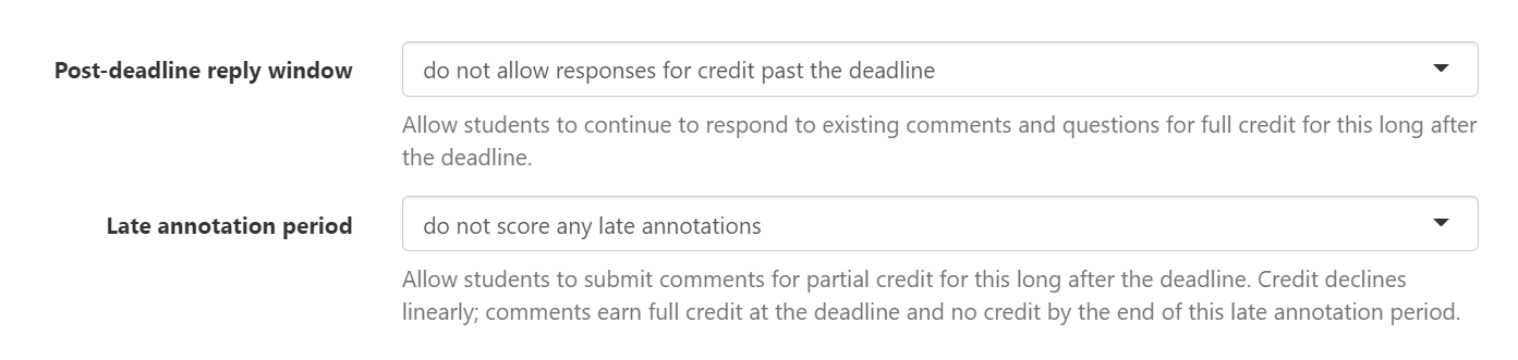 Image shows the post-deadline reply window box set to allow no responses for credit past the deadline and late annotation period to score no late annotations.