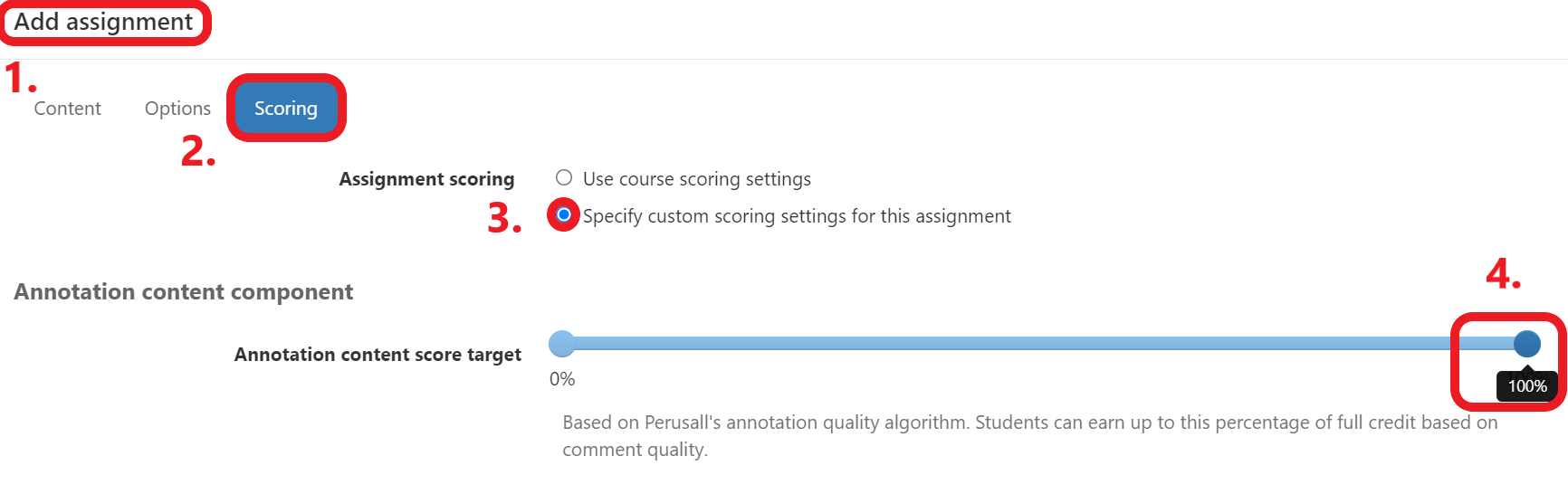 Add assignment window with scoring tab selected. Assignment scoring is set to specify custom scoring settings for this assignment, and annotation content score target is set to 100%.
