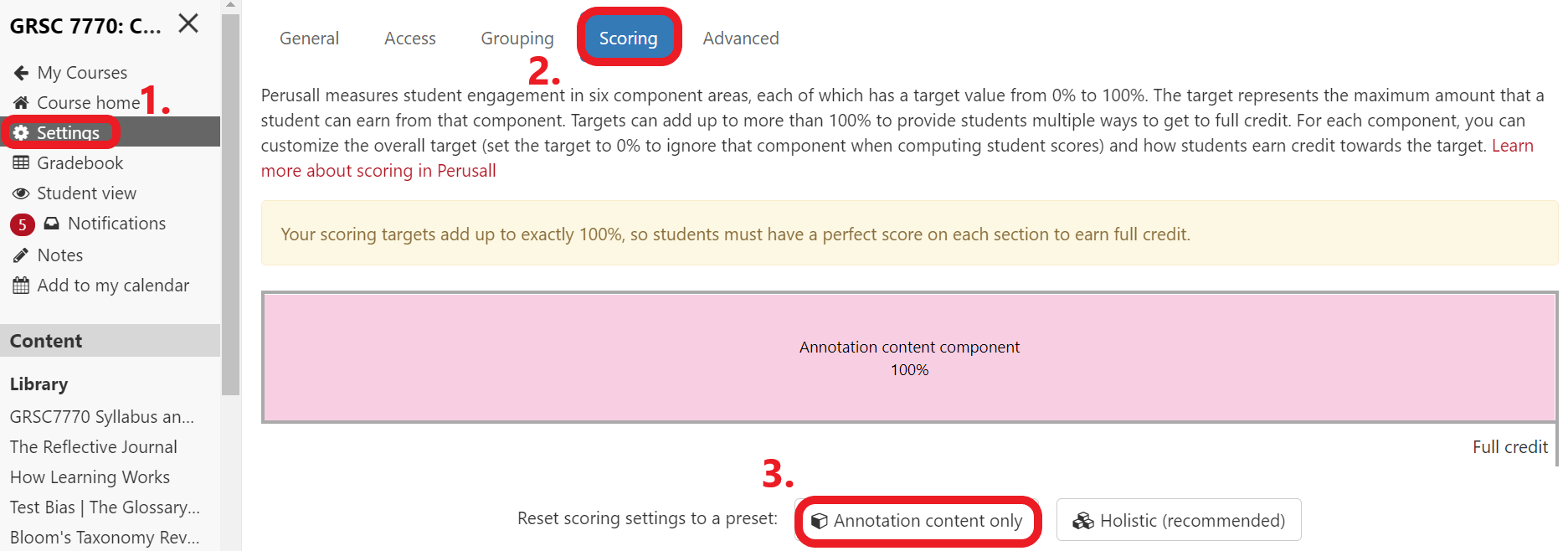 1. Select Settings 2. Select Scoring 3. Select Annotation content only